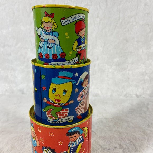 Rare Vintage Chad valley WEE-Kin Baby Toy Stacking Tins Nursery Rhymes set of 4 - Picture 6 of 16